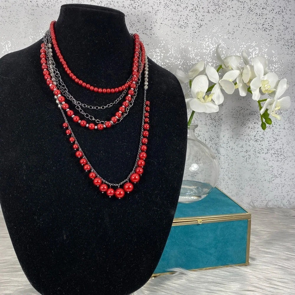 🆕 Ocasion Brand Red & Silver Layered Necklace - Picture 1 of 5